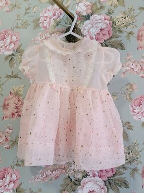 ♡Vintage 1950's Sheer Pink Gold Dots Party 1st Birthday Dress ♡